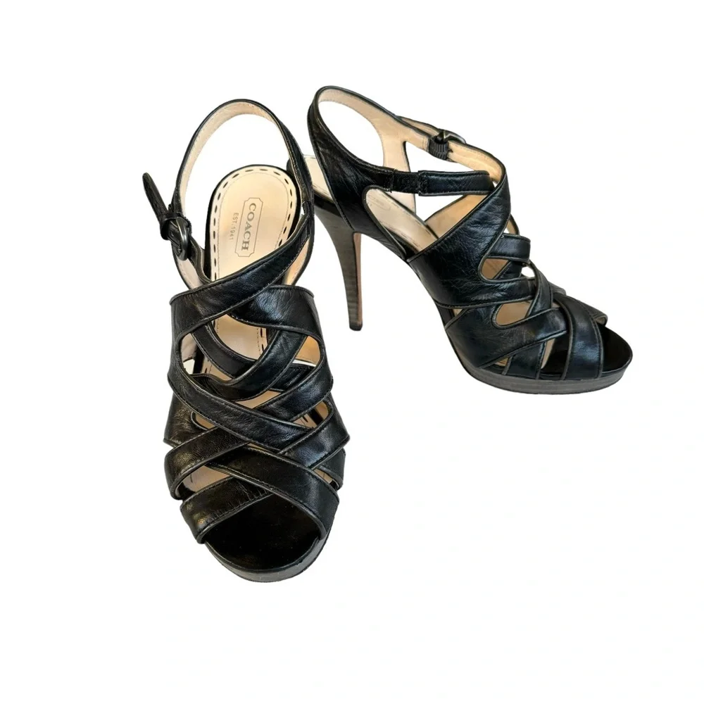 Coach Alba Sandals Black Leather Strappy Platform - Picture 7 of 13